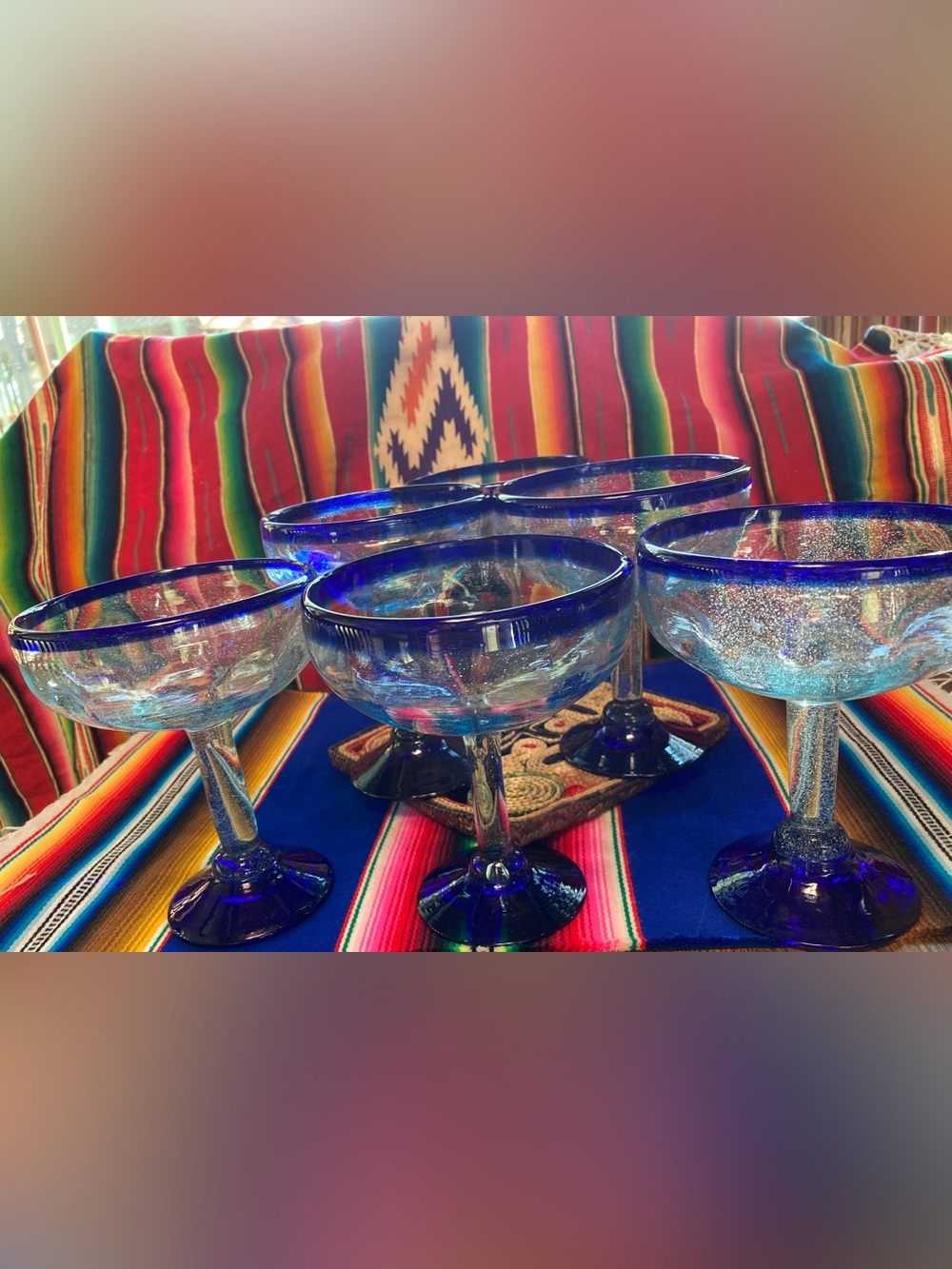 Mexican Cobalt Blue Rim Hand Blown Margarita Glasses Set of 6